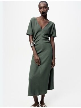 Zara Olive Green Wrap-Style Midi Dress